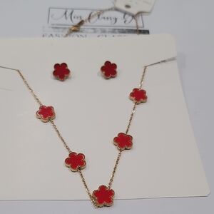 NWT Stainless Steel Double Sided Elegant Red Flower Jewelry Set